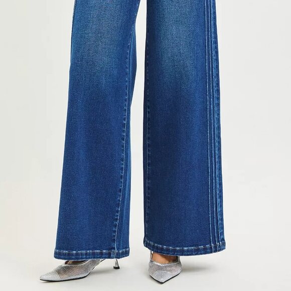 RISEN Full Size Mid Rise Wide Side Pintuck Jeans with Front Drawstring Plus Size - Picture 2 of 7